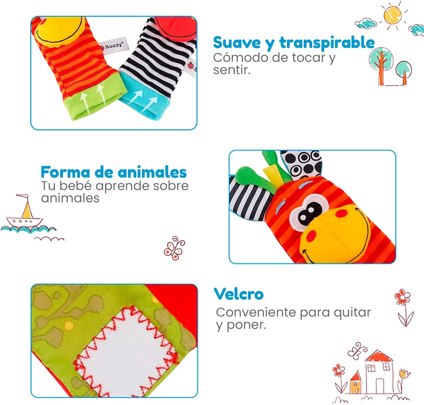 Set Sensorial 4 Piezas para Bebé | Calcetines y Muñequeras con Sonajero de Estimulación Temprana 2