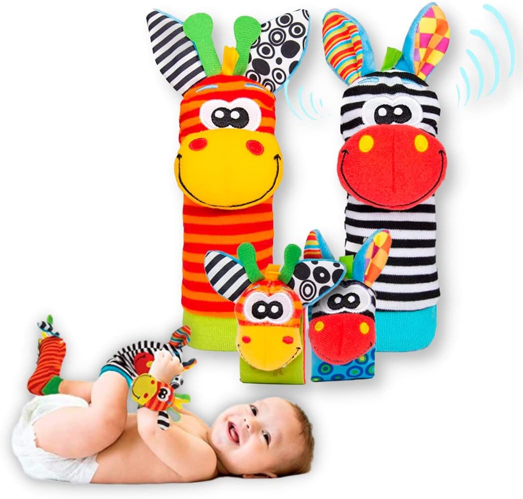Set Sensorial 4 Piezas para Bebé | Calcetines y Muñequeras con Sonajero de Estimulación Temprana